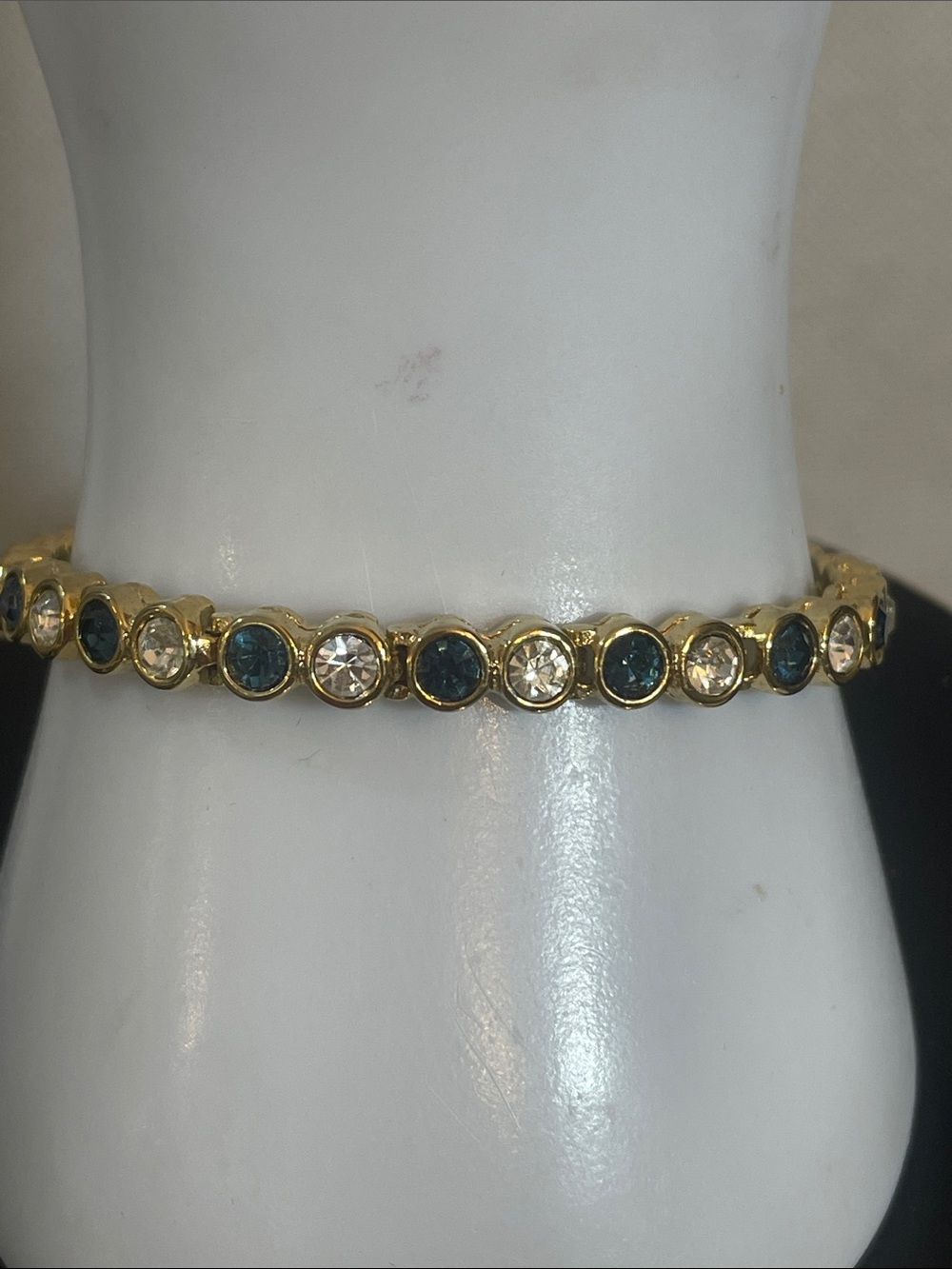 Gold Tone Tennis Bracelet with Blue and Clear Stones Size 6.5